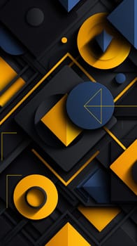 Yellow and blue shapes, including circles, triangles, and squares, are dynamically arranged on a black background, creating a striking geometric abstract piece in broad daylight - Generative AI