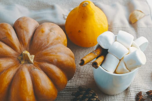 Pumpkin With Cups Of Coffee. Cup of coffee and pumpkin with marshmallows. On white wooden table