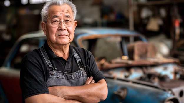 A senior mechanic asian man with arms crossed stands in a garage with an older car in the background - Generative AI