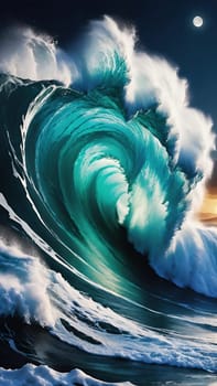 Night Wave.The power and beauty of the ocean at night. A large wave is breaking, with foam cascading down its face. The water is illuminated by moonlight, creating a dramatic scene.