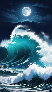 Night Wave.The power and beauty of the ocean at night. A large wave is breaking, with foam cascading down its face. The water is illuminated by moonlight, creating a dramatic scene.