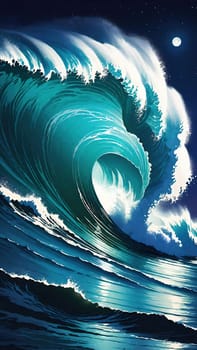 Night Wave.The power and beauty of the ocean at night. A large wave is breaking, with foam cascading down its face. The water is illuminated by moonlight, creating a dramatic scene.