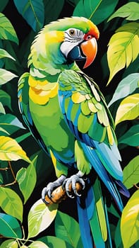 One of nature's vibrant beauties, the colorful parrot, dazzles in all its splendor perched on the tree branch