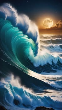 Night Wave.The power and beauty of the ocean at night. A large wave is breaking, with foam cascading down its face. The water is illuminated by moonlight, creating a dramatic scene.