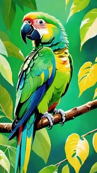 One of nature's vibrant beauties, the colorful parrot, dazzles in all its splendor perched on the tree branch