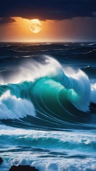 Night Wave.The power and beauty of the ocean at night. A large wave is breaking, with foam cascading down its face. The water is illuminated by moonlight, creating a dramatic scene.