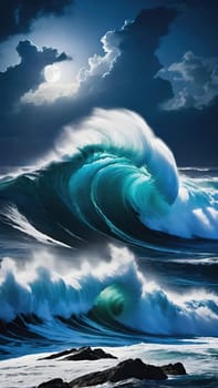 Night Wave.The power and beauty of the ocean at night. A large wave is breaking, with foam cascading down its face. The water is illuminated by moonlight, creating a dramatic scene.