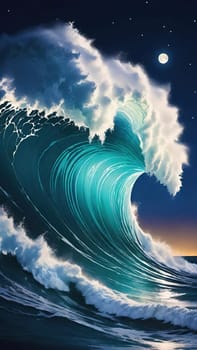 Night Wave.The power and beauty of the ocean at night. A large wave is breaking, with foam cascading down its face. The water is illuminated by moonlight, creating a dramatic scene.