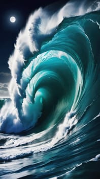 Night Wave.The power and beauty of the ocean at night. A large wave is breaking, with foam cascading down its face. The water is illuminated by moonlight, creating a dramatic scene.