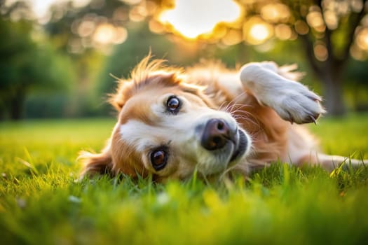 Dog rolling on the grass. shallow depth of field.