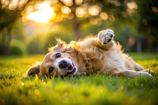 Dog rolling on the grass. shallow depth of field.