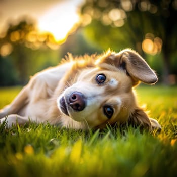 Dog rolling on the grass. shallow depth of field.