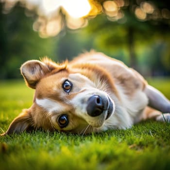 Dog rolling on the grass. shallow depth of field.