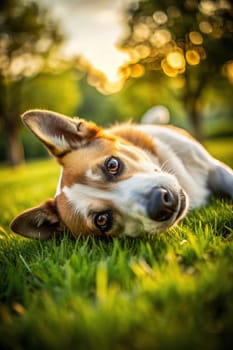 Dog rolling on the grass. shallow depth of field.