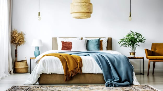 A well-appointed modern bedroom featuring a plush bed with decorative pillows, a knit throw blanket, pendant lights, and a mid-century armchair - Generative AI