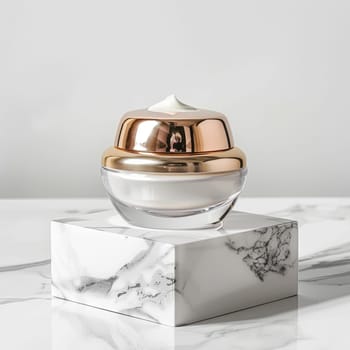 Face cream in a glass jar on a white and gold background. Skin care concept. Backdrop for beauty cosmetic products
