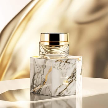 Face cream in a glass jar on a white and gold background. Skin care concept. Backdrop for beauty cosmetic products