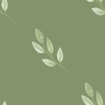 Cute spring soft green twigs with leaves in sketch style. Seamless watercolor pattern for fabric, wallpaper, wrapping paper, packaging cosmetics, tablecloths, curtains and home textiles