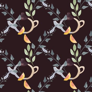 Herb tea. Melissa, mint, glassware, leaves and lemon slices. Seamless watercolor pattern for fabric, wallpaper, wrapping paper, packaging cosmetics, tablecloths, curtains and home textiles