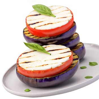 Grilled eggplant and tomato stacks with grilled eggplant tomato slices mozzarella and basil leaves on. close-up food, isolated on transparent background