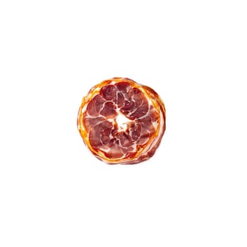 Sliced speck with smoky flavor suspended and spinning Food and culinary concept. Food isolated on transparent background.