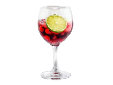 Acerola cherry soda in a stemless wine glass acerola cherries and lime slices vibrant red. Drink isolated on transparent background.