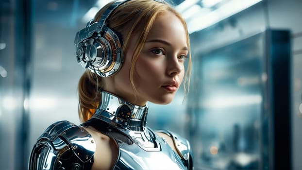 Model in futuristic robotic lingerie chrome and metallic elements high tech lab setting android fantasy.