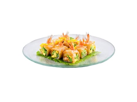 Spring roll shrimp with avocado and mango served on a transparent glass plate sweet. Food isolated on transparent background.