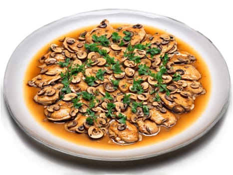 Chicken Marsala with mushrooms and a Marsala wine sauce served on a transparent glass plate. Food isolated on transparent background.