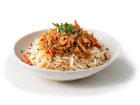 Kimchi with fermented vegetables chili flakes and garlic on clean white surface. Food isolated on transparent background.