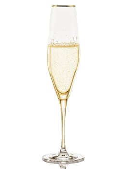Spiegelau Style Sparkling Wine glass, tall angular crystal bowl, long stem, effervescent pale gold liquid, splashing motion, bright rim lighting, celebratory mood, pure white background.