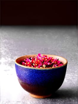 Hibiscus and Rosehip Blend A rustic earthenware cup filled with a vibrant hibiscus and rosehip. Drink isolated on transparent background.