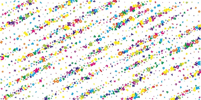 School notebook cover. Colorful childish floating letters of Latin alphabet. Foreign languages study concept. Back to school banner .