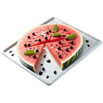 Watermelon pizza with watermelon slices feta cheese mint leaves and a balsamic drizzle on a. close-up food, isolated on transparent background