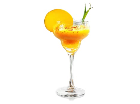 Mango soda in a curved glass mango slices and chili powder exotic and spicy vibrant. Drink isolated on transparent background.