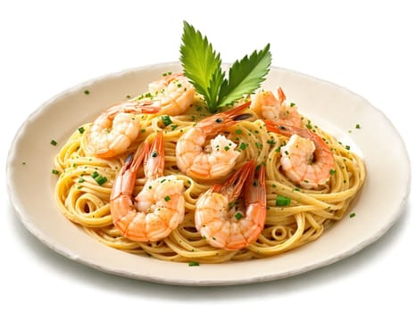 Shrimp Scampi Succulent shrimp sautéed in garlic butter served with linguine. Food isolated on transparent background
