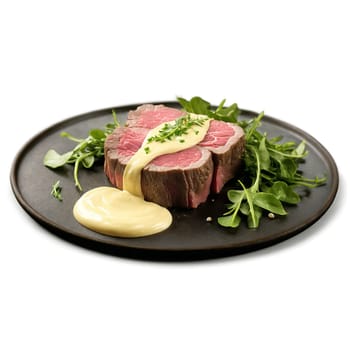 Beef tenderloin butterflied and raw with garlic aioli and arugula leaves spinning in a gourmet. Food isolated on transparent background.