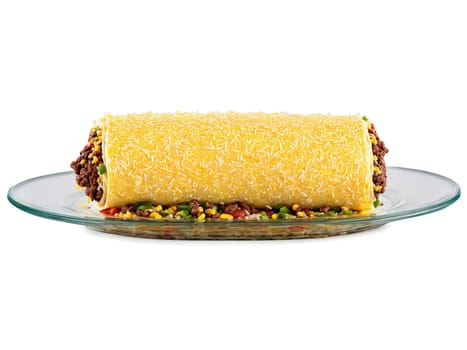 Burrito stuffed with rice beans cheese and beef served on a transparent glass dish hearty. Food isolated on transparent background.