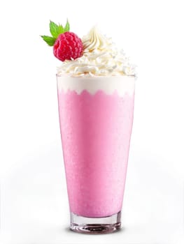 Raspberry milkshake pink glass raspberry puree white chocolate shavings. Drink isolated on transparent background.