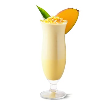Mango Coconut Milkshake mango puree coconut flakes tropical escape refreshing Summer drink concept Final image. close-up milkshake drink, isolated on transparent background
