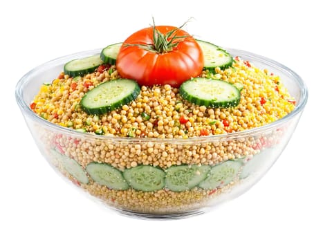 Salad Mediterranean couscous with chickpeas tomatoes and cucumbers served in a transparent glass bowl light. Food isolated on transparent background.