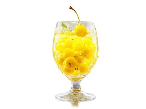 Yellow cherry soda in a bell shaped glass yellow cherries and lemon zest vibrant yellow. Drink isolated on transparent background.