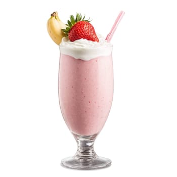 Fruit smoothie blend of strawberries bananas and yogurt whirling in a glass with ingredients flying. Food isolated on transparent background.
