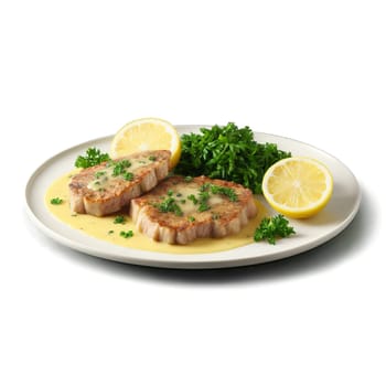 Veal scallopini thin veal cutlets lemon caper sauce parsley vibrant colors Culinary and Food concept. Food isolated on transparent background