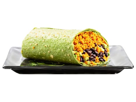 Vegan Burrito with sweet potato black beans and avocado served on a transparent glass plate. Food isolated on transparent background.