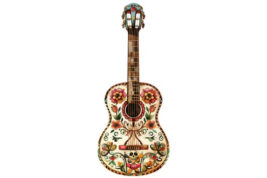 A guitar with flowers and skulls painted on it. The guitar is black and white with a colorful design