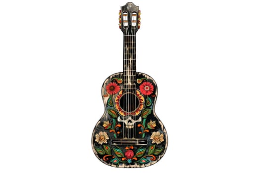 A guitar with flowers and skulls painted on it. The guitar is black and white with a colorful design