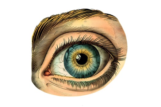 Vintage illustration of blue eye with a yellow spot in the center in hand drawn style