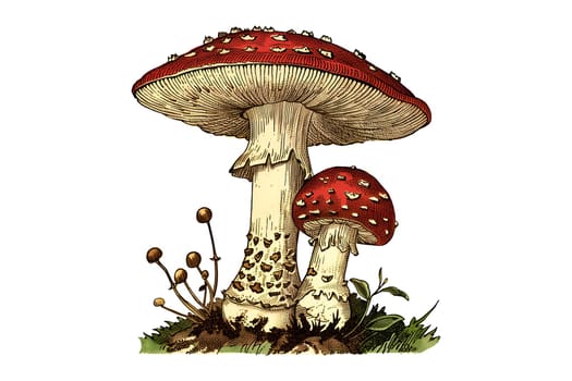 A drawing of a group of three red mushrooms and three orange pumpkins. The mushrooms are surrounded by leaves and the pumpkins are smiling. Scene is playful and whimsical