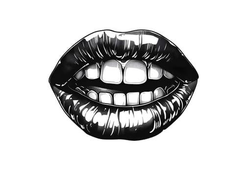 Vintage retro black and white illustration of a woman's mouth with bright lips